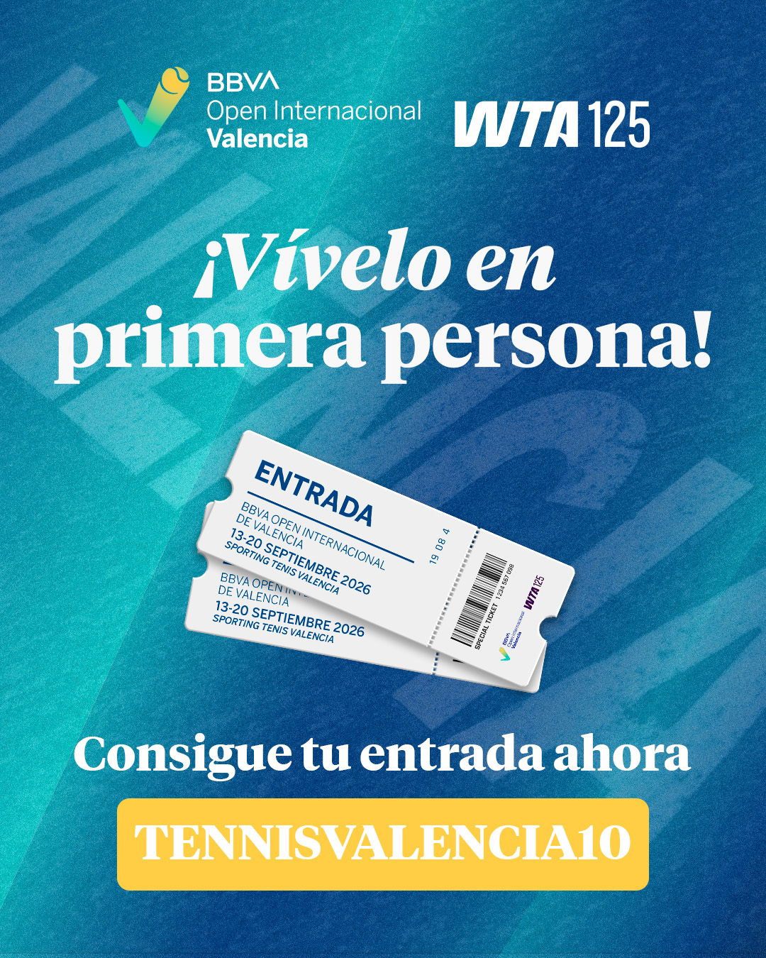 Oferta de entradas del BBVA Open Internacional Valencia WTA 125 para la comunidad Valencia.tennis. Código: TENNISVALENCIA10.